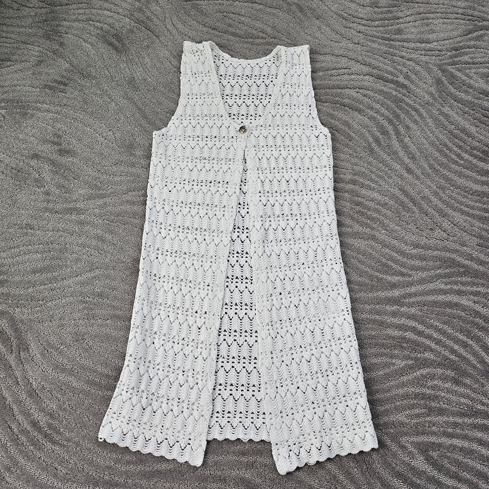 Vintage Crochet Long Vest Womens Size M Sleeveless Cardigan Open One Button